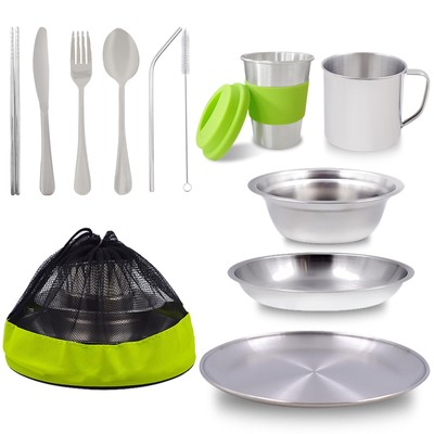 Camping Mess Kit Camping Plates Dishes Stainless Steel Camping Utensils Set Tabl