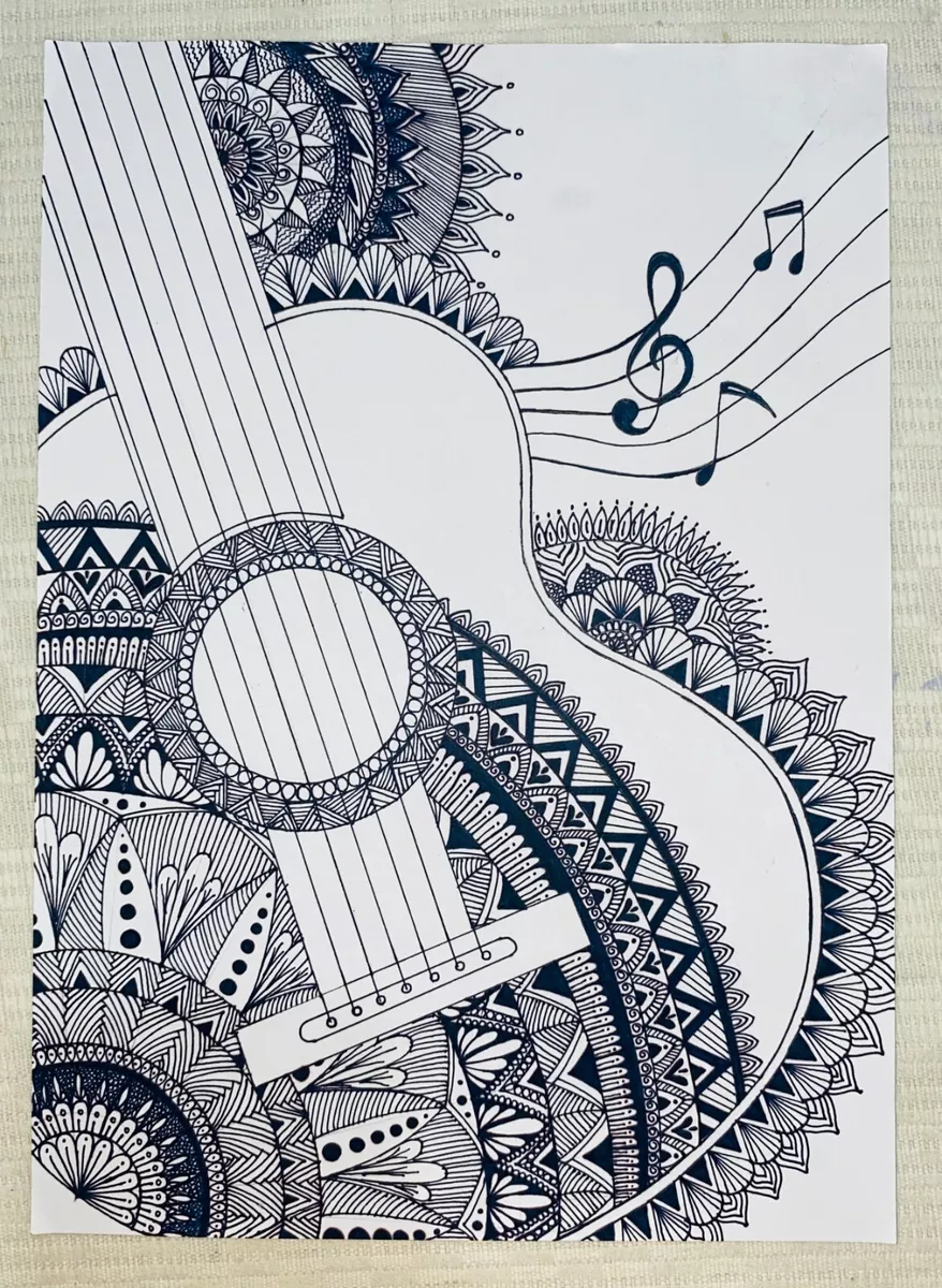 Hand Drawing Art Music Guitar Art Mandala Art Pen Drawing Art Design A4  Sheet