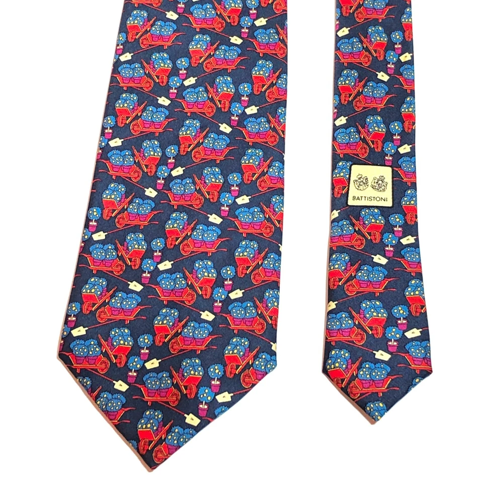 BATTISTONI Tie Bat 1009 Hombre Seda ITALIA Jardinería Pala Plantas Rueda Barriles Foto 4 de 4