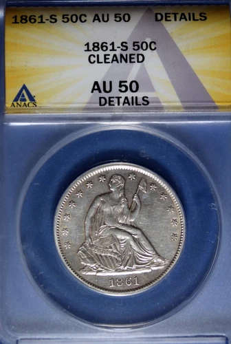 1861 - ANACS AU50 DETAILS (CLEANED) SEATED LIBERTY HALF DOLLAR!!  #B49760