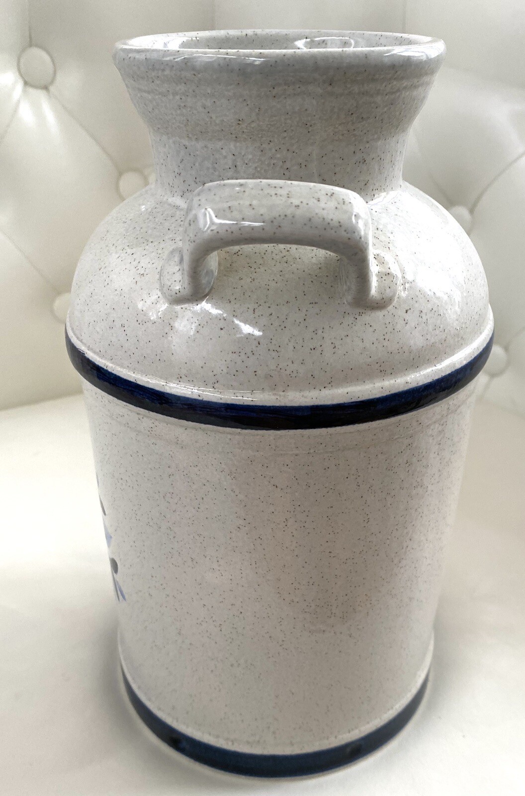 Vintage Stangl Stoneware Milk Can Shaped Vase Grayscale Blue Details