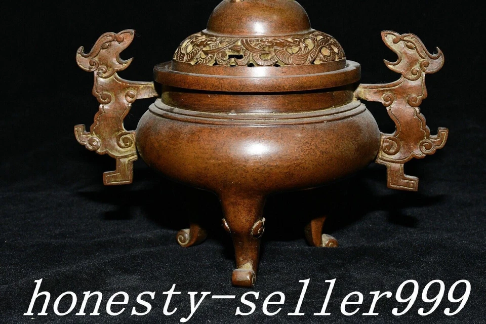 7.8" Antigua Dinastía Púrpura Bronce Dragón Bestia León Animal Quemador Incienso Censario Foto 3 de 4