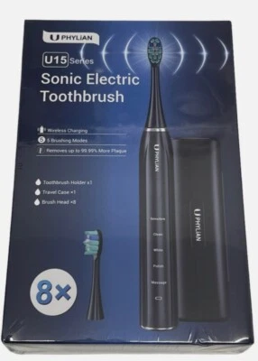 U PHYLiAN U15 Series Sonic Electric Toothbrush - inc 8x Brush Head, Brush Holder