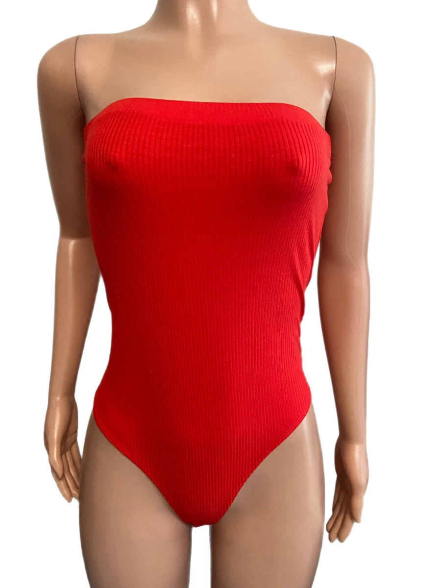 Red hot ribbed strapless bodysuit top new party 4th July flag