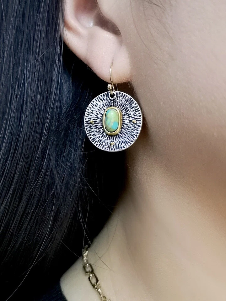 Pendientes de plata gancho circular turquesa verde retro bohemio hechos a mano europeos Foto 2 de 4