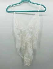 Vintage 80's Barbizon Teddy Satin Remarque Lace Hi Cut Bodysuit White Sz Small