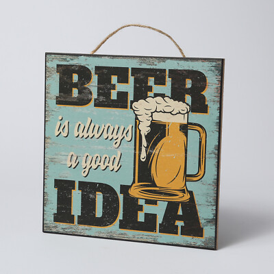 Wandschild BEER IDEA Holz Seilhalterung H: 24cm blau Spruchschild Shabby Stil