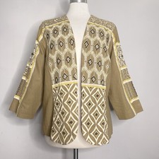 Chico s Open Front Linen Blend Beaded Embroidered Diamond Artisan Jacket