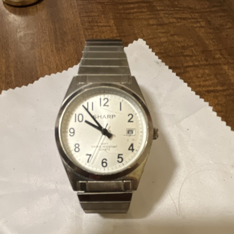 Sharp Analog Quartz Wristwatch White Arabic Dial Date 30m Silver SS Bracelet