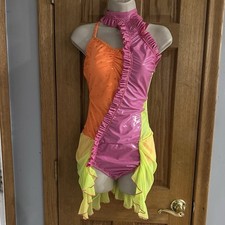 Pumpers Pink Yellow Orange Pleather Ruffles Rhinestone Solo Dance Costume Large