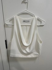 Zara White Cowl Neck Sleeveless Cropped Woven...