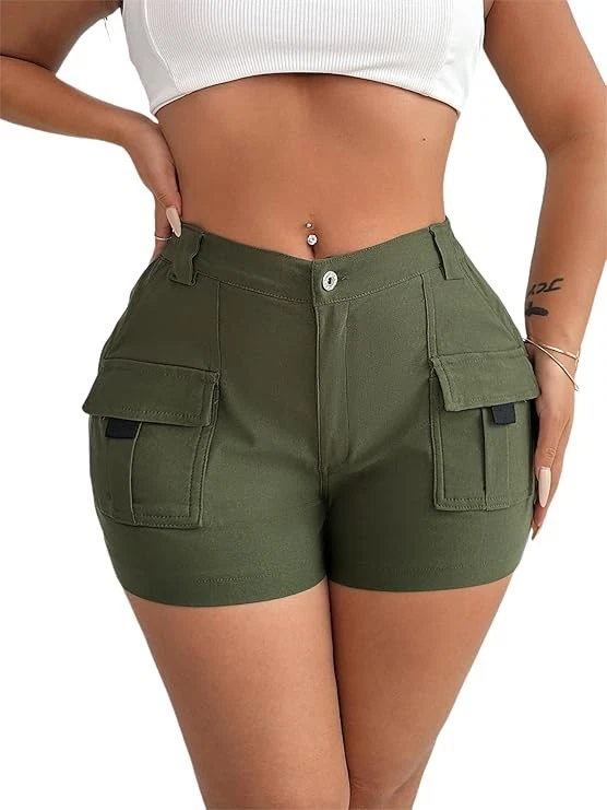 New WOMEN'S CARGO SHORTS Large High Waist Army Green Stretchy Sporty Hiking NIB