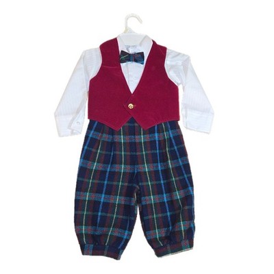VTG boys Vest Suit Set 2T Michael James Maroon Velvet Plaid Pants Bow Tie Shirt