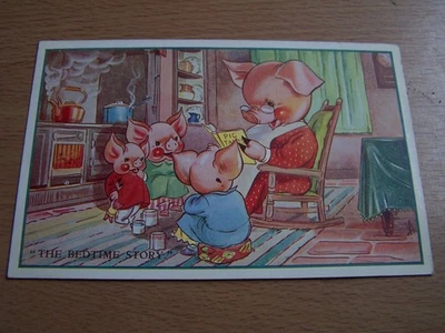 The Bedtime Story Pig Telling Stories Piglets 1948 Number 1197 Vintage Postcard - image 1 of 2