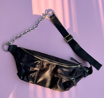 Zara black banana satin fabric bag with zipper and decorative chain purse