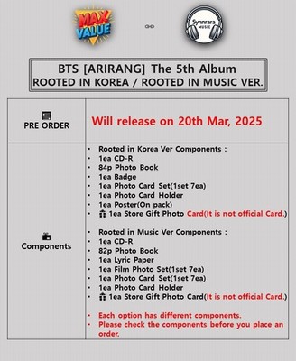 BTS ARIRANG 5th Album ROOTED IN KOREA/MUSIC Ver/CD+Photo Book+7