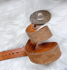 Vintage Brass Linesman Bell Belt Buckle & Roughout Light Brown Leather Belt Mens