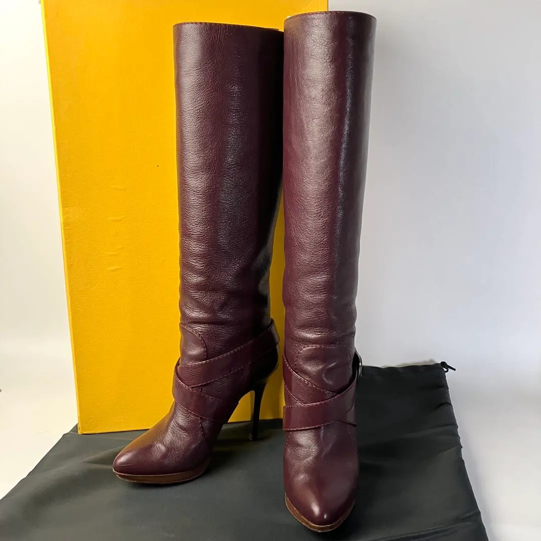 FENDI Long Boots Shoes EU 37.0 US 7.0 Leather Burgundy Authentic by JAPAN FS thumbnail 2