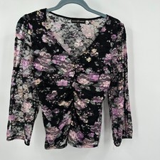 Womens Y2K Whimsigoth Dark Floral Lace Top Size M Romantic Goth Coquette Mesh