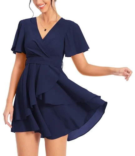 PCEAIIH Women's Cocktail Dresses Short Sleeve Empire Skater Dress Deep V-Neck XL