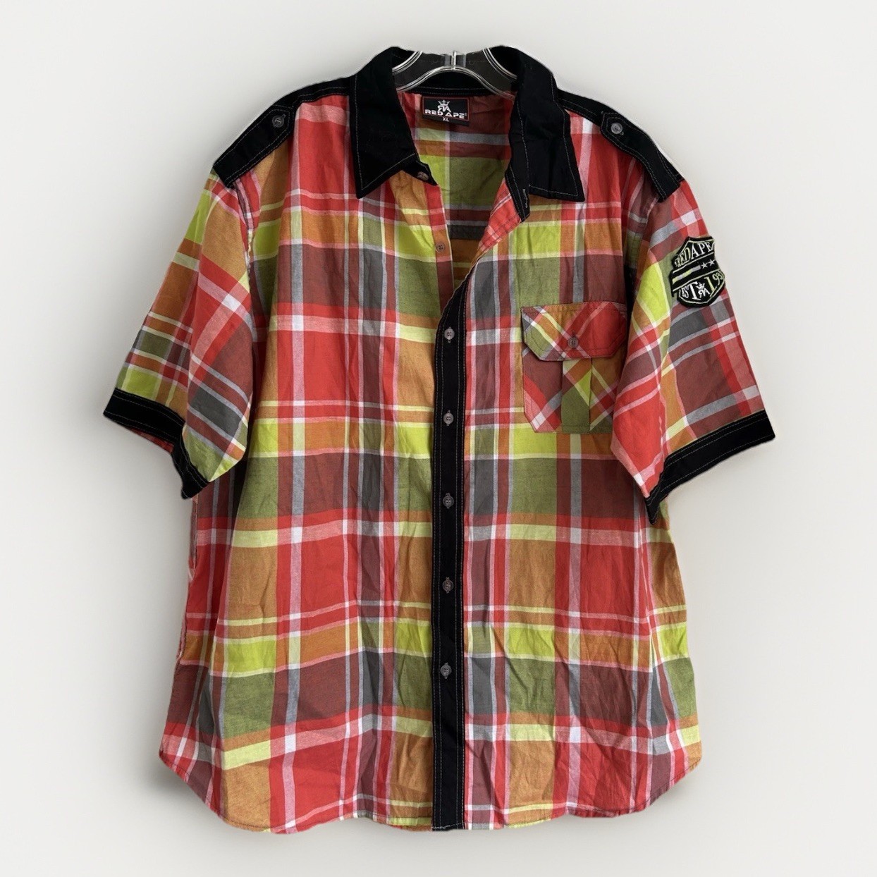 Hip Hop Colorful Red Ape Short Sleeve Button Down Shirt Plaid Men's Size XL