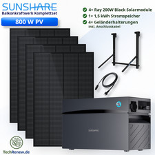 Balkonkraftwerk 800W Speicher 1,5kWh Sunshare GLORY WLAN App Geländerbalkon