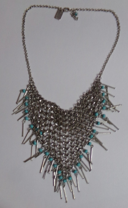 Vintage Blue Beads & Silver Tone Chainmail Mesh On 18" Necklace - American Eagle