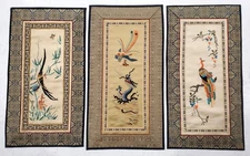 Unique Set of 3 Vintage Chinese Silk Embroidered Decorative Bird Wall Panels