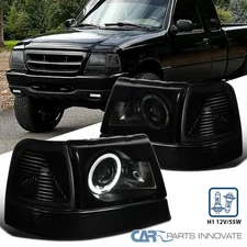 Fit 1998-2000 Ford Ranger LED Halo Black Smoke Projector Headlights Corner Lamps