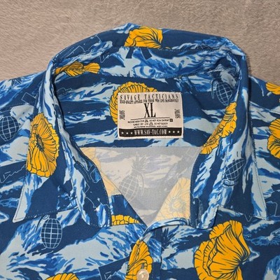 Savage Tactician Hawaiian Shirt XL Blue Tiger Camo Poppy Pineapple Grenade Rifle