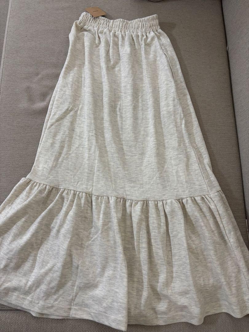 Pichi Hem Long Oatmeal A-Line Knit Skirt Casual Gathers Stretch