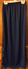 Vintage Half Slip Size M Length 33” Navy Blue Nylon Modest  Slit Lace Trim