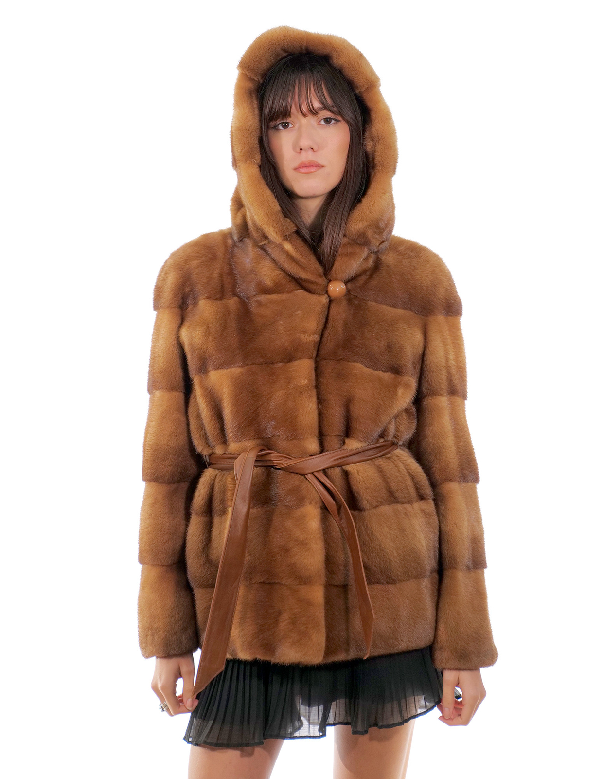 Luxury horizontal mink jacket with 70cm hood 58 gold buttons collar long sleeves belt leather detailing-image