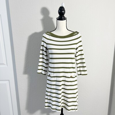 Kate Spade Havana Dress size Small Olive Green Striped 3/4 Sleeves 100%  Cotton | eBay