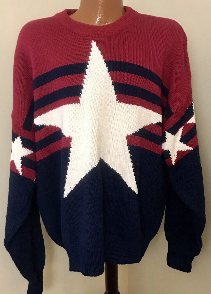 Structure USA Stars Stripes Sweater Red White Blue SZ L 100 Cotton PATRIOTIC
