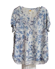 C&C CALIFORNIA 100% Linen V-Neck Short Sleeve Shirt Top Floral Print Sz 1X NWT