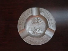 VINTAGE SOUVENIR ASHTRAY PLYMOUTH MASS. HEAVY TIN EMBOSSED 1960'S MADE IN  JAPAN