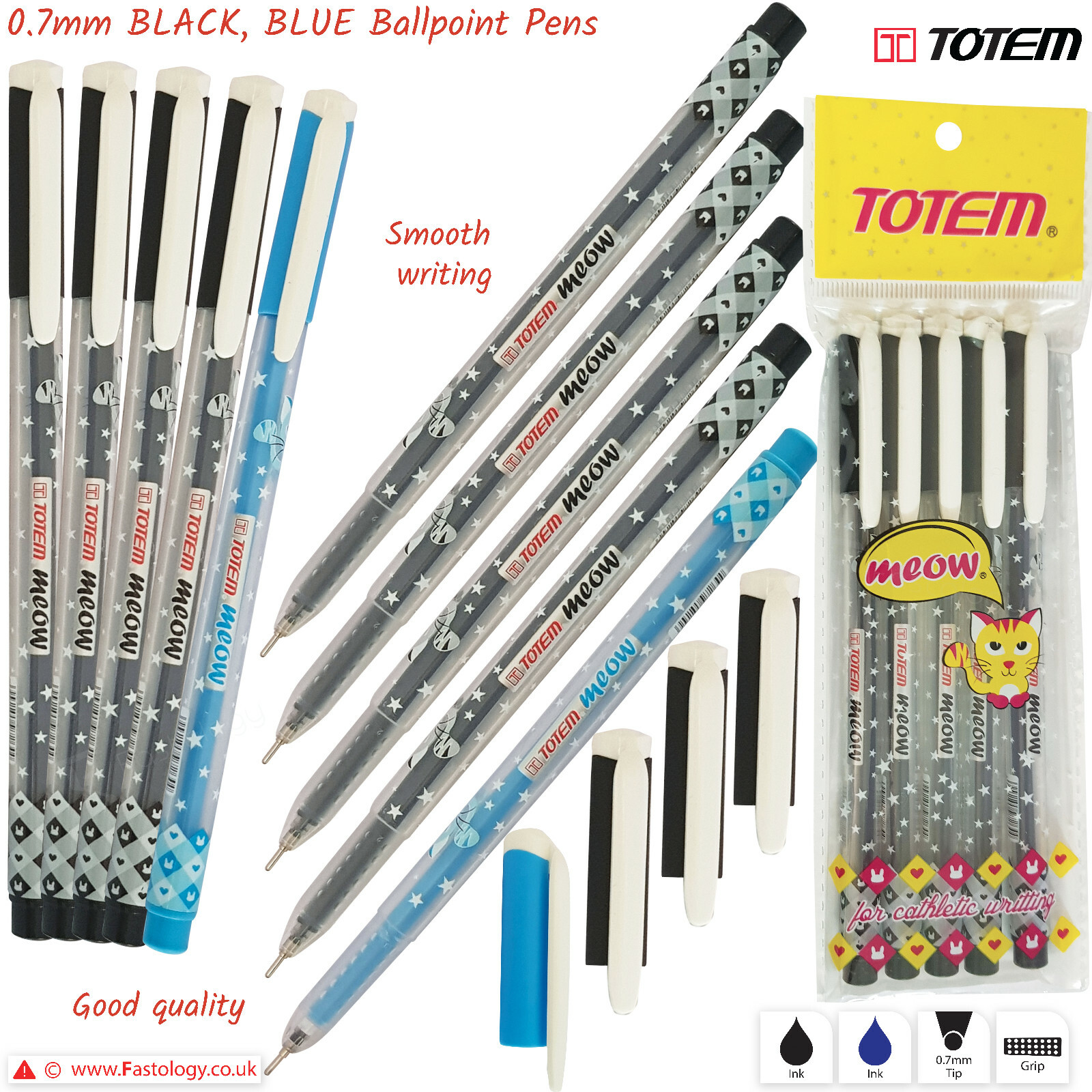 TOTEM Meow High Quality 0.7mm FIne x5 x10 BLACK BLUE Ballpoint Pens
