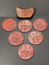 Handmade Leather Llama Coasters with Holder Hand Tooled Peru Set of 6