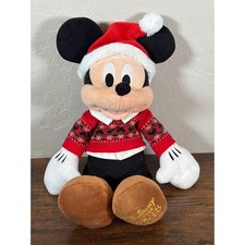 Disney Store 2018 Holiday Mickey Mouse Plush Red Fair Isle Sweater Santa Hat 15"