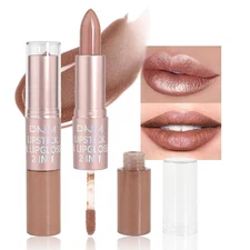 evpct 2 in 1 Nude Brown Glitter Metallic Shimmer Diamond Lipstick and Lip Gloss