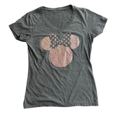 MINNIE MOUSE Disney Pink Glitter Sparkley Minnie Grey V-Neck T-shirt Women's M