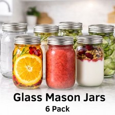 6 Pack Glass Mason Jars & Airtight Silver Lids Overnight Oats Preserving 490ml