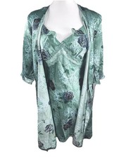 Vtg Secret Treasures Pajama Set Satin babydoll lingerie slip Robe Floral Med