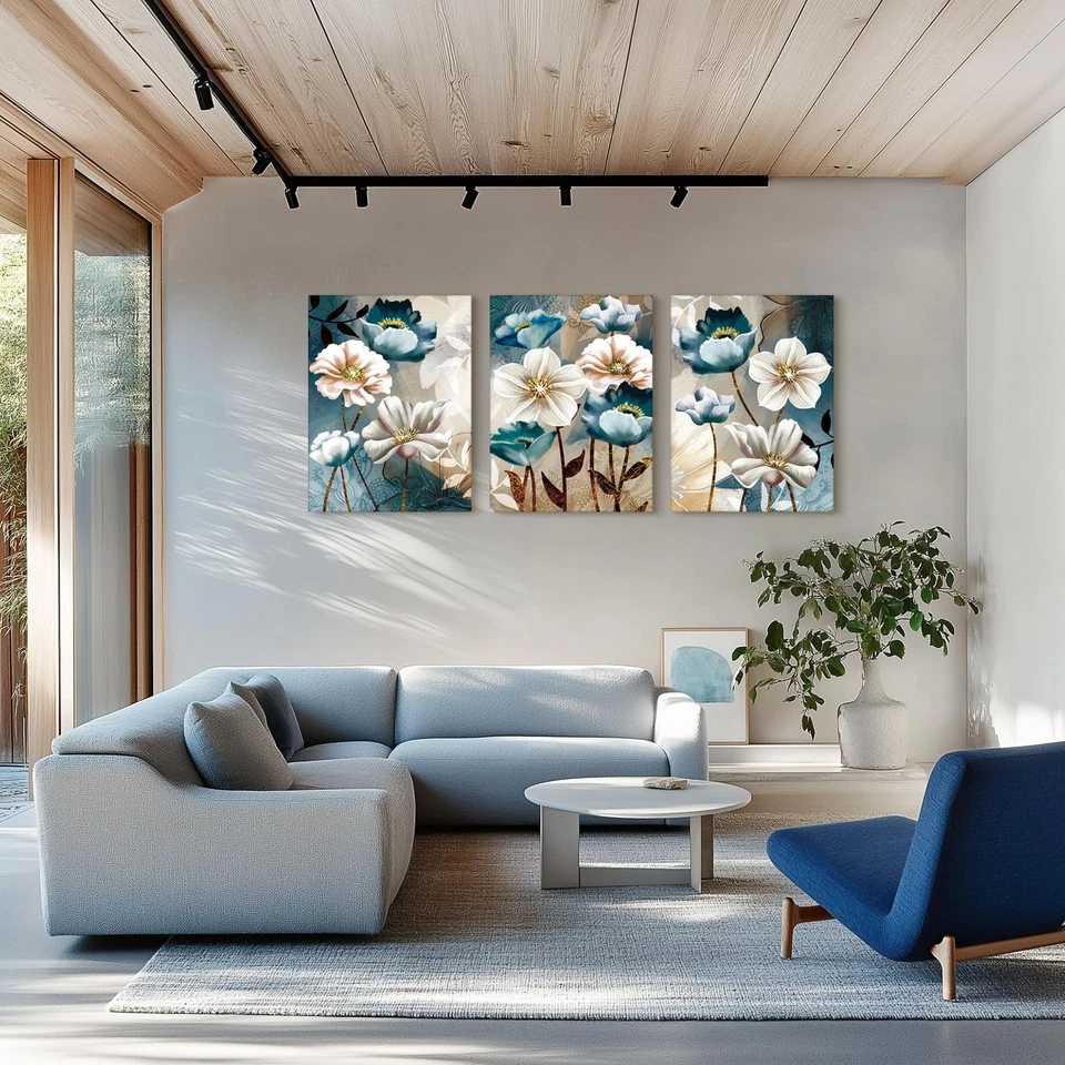 Arte de parede de lona grande para sala de estar, fotos florais azuis decoração de parede para di... - Imagem 3 de 4