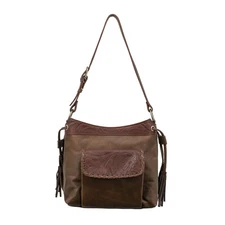 American West Womens Waxed Zip Top Dark Brown Leather Handbag Bag OS