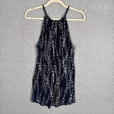 Banana Republic Slinky Knit Top Medium Blue Chain Print Pleated Liquid Flowy