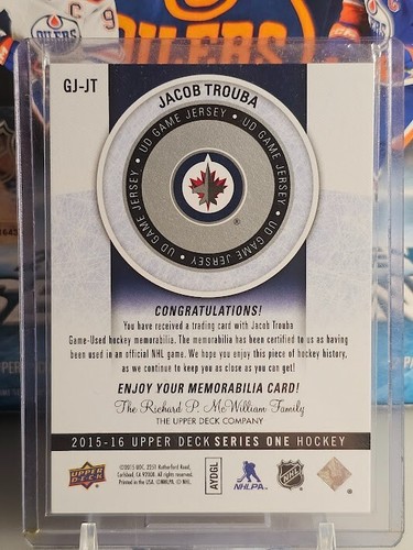 15/16 UD UPPER DECK JACOB TROUBA GAME USED JERSEY - Picture 2 of 2