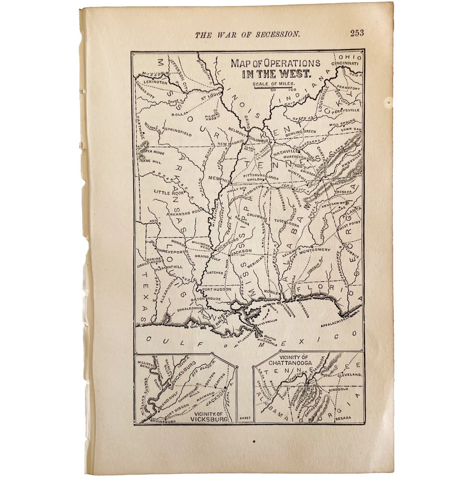 Карта войны сецессии Западных операций 1871 викторианская гравюра на дереве история DWAA12 - Изображение 2 из 2