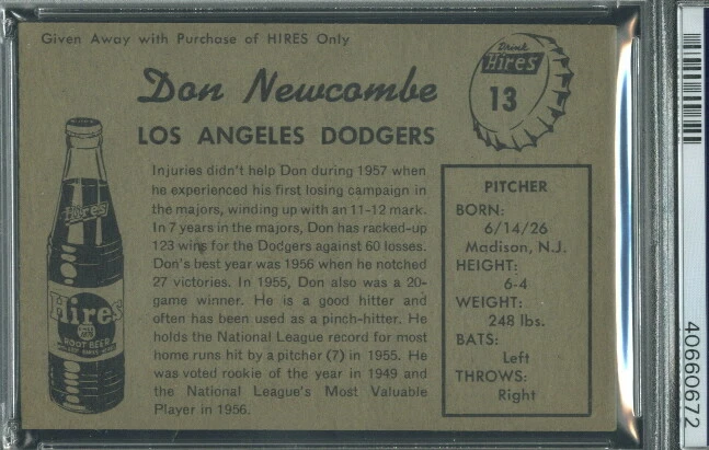 1958 Hires No Tab 13 Don Newcombe PSA 6 Los Angeles Dodgers (0672) - Image 2 of 2